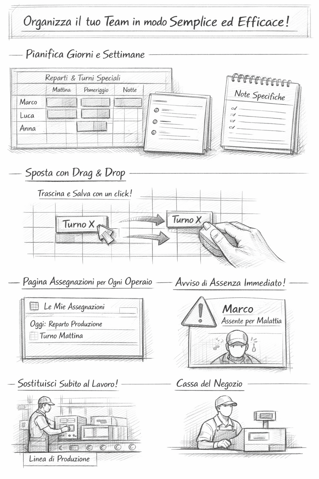 Organizza il team con drag & drop, note e reparti